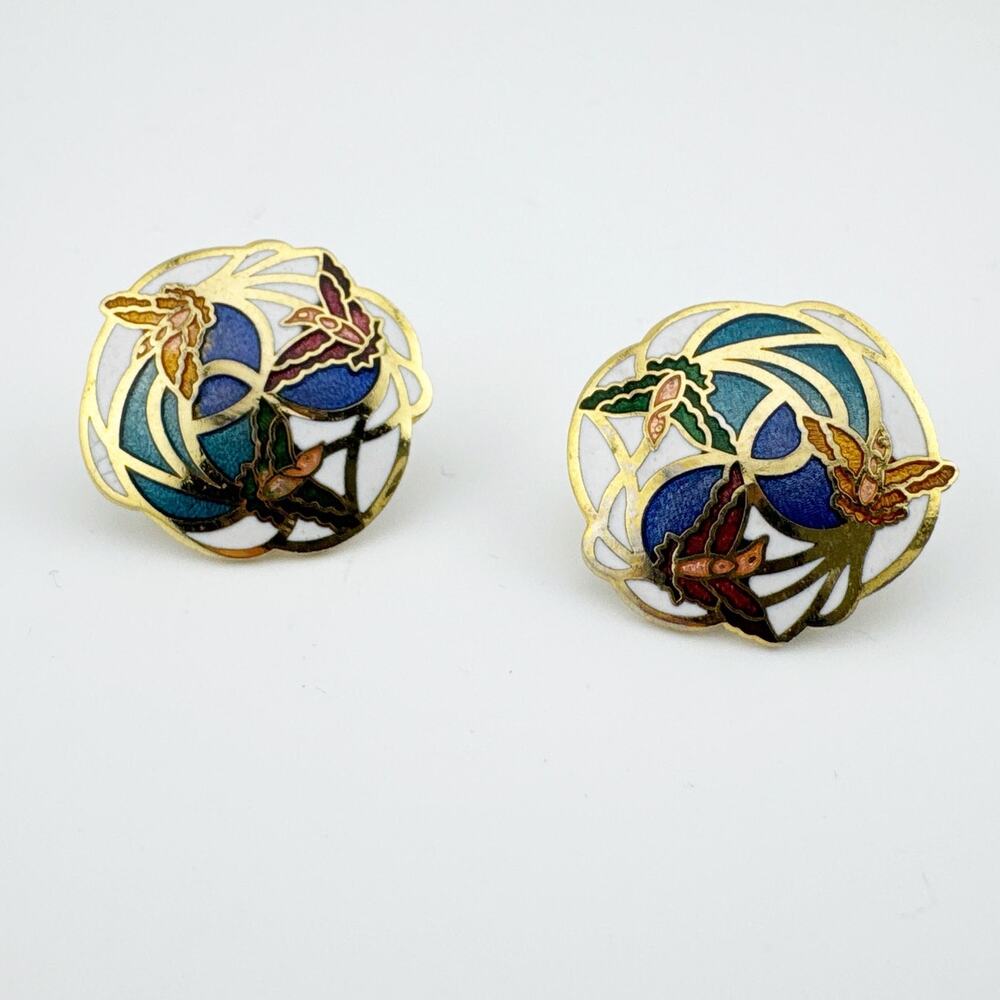 Vintage Cloisonne Enamel Butterfly Earrings Gold Tone Filigree Art‎ Deco Style